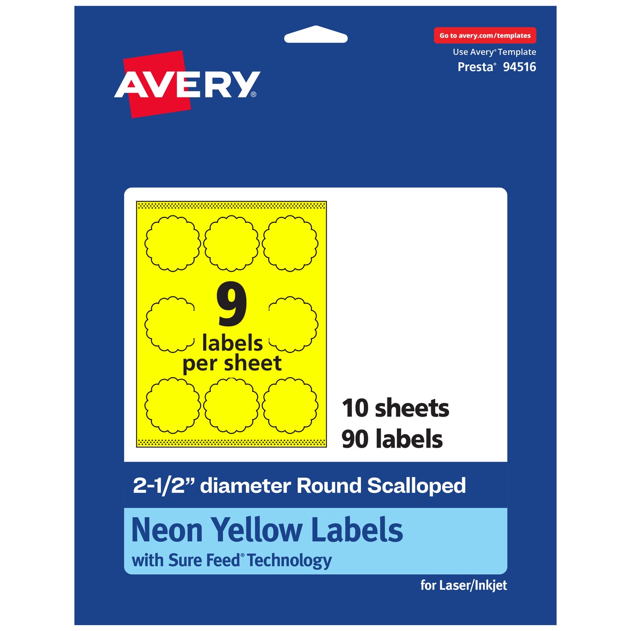 Avery Neon Yellow Paper Labels, 2.5" Diameter Round Scalloped